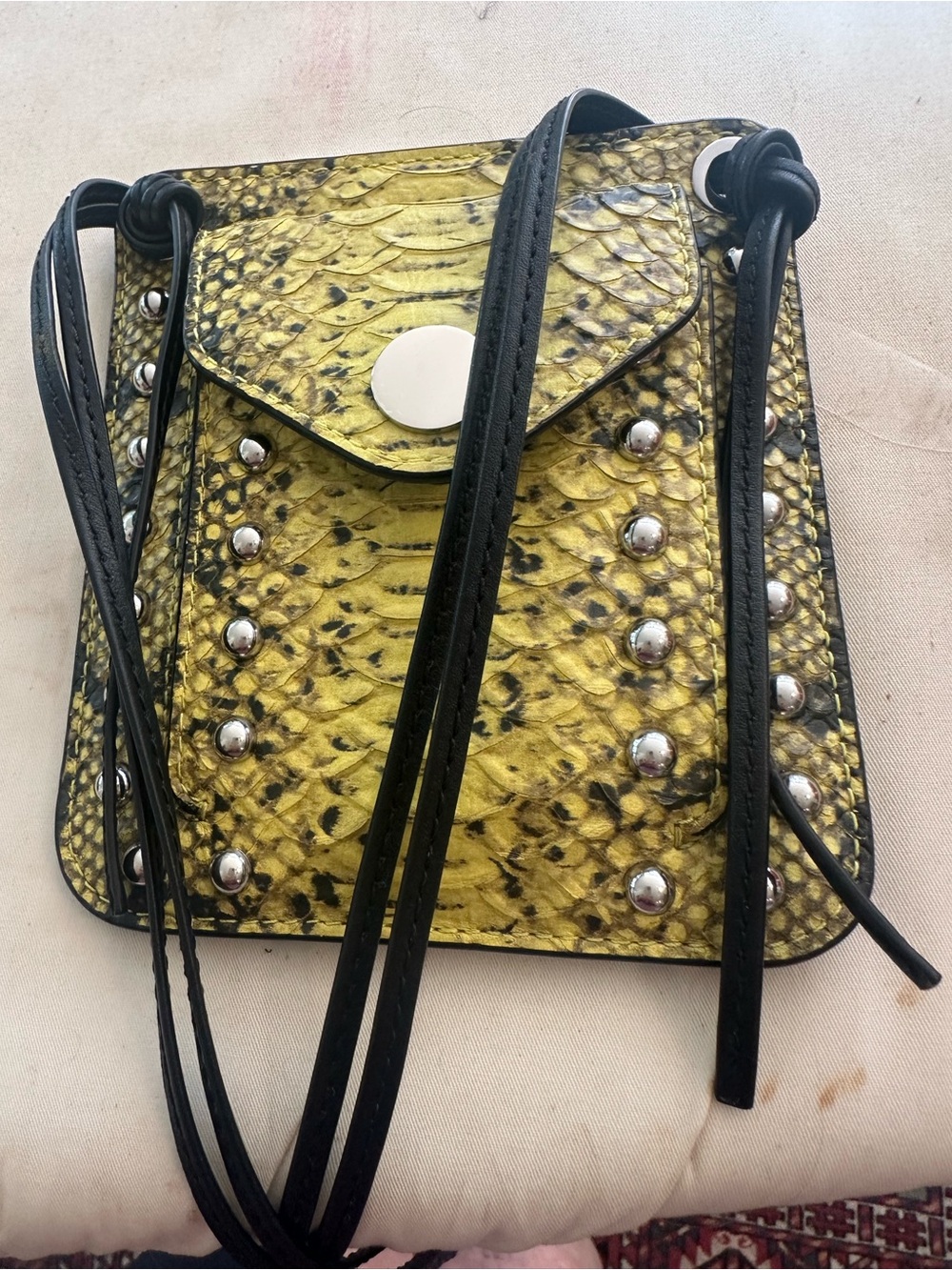 Yellow Snake-Print Crossbody Bag with Stud Detail